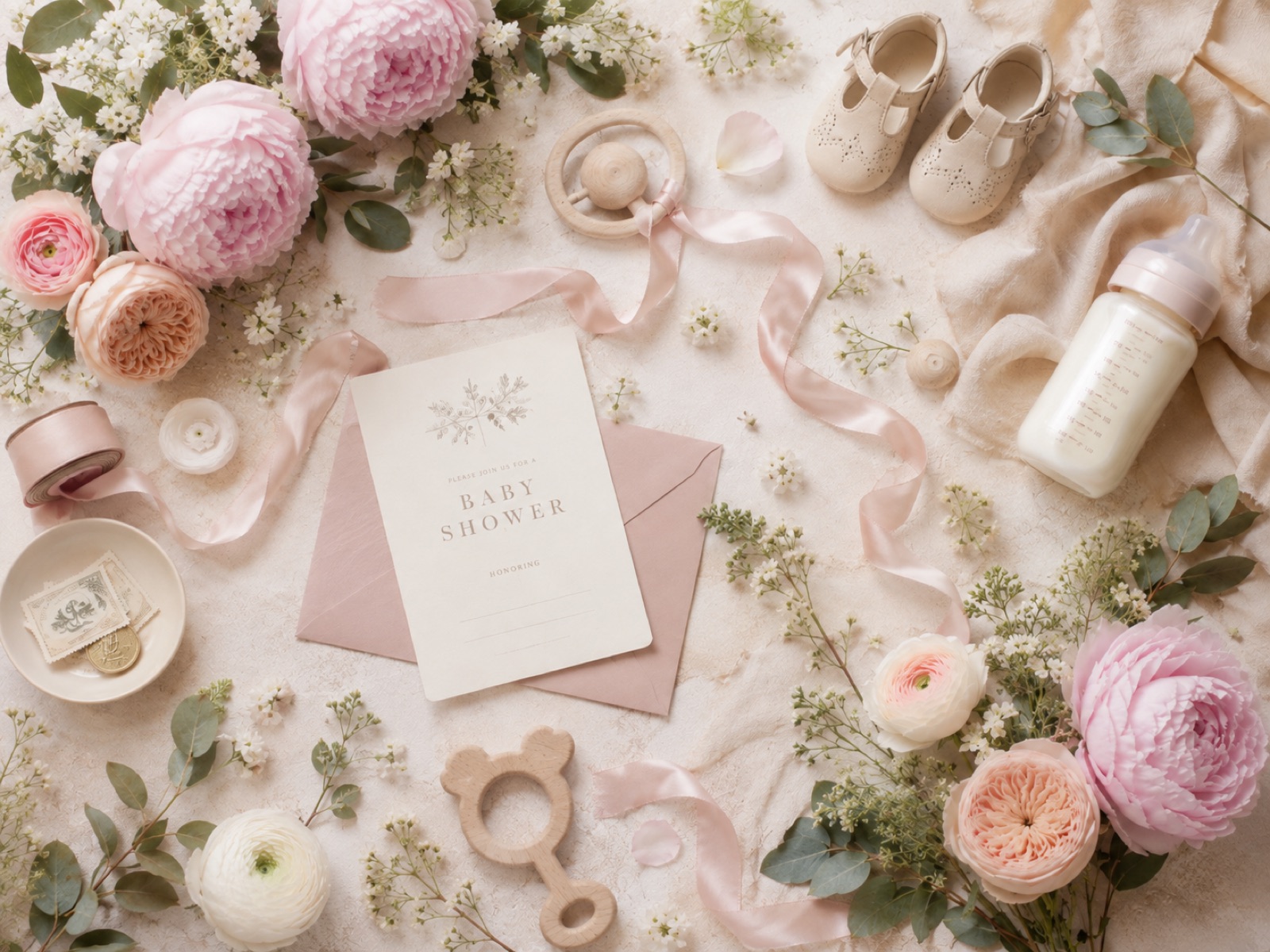 Peonies, ribbon and a baby shower invitation